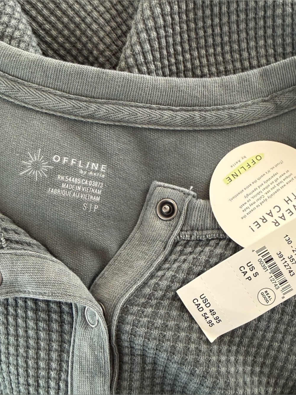 OFFLINE By Aerie Wow! Waffle Henley Oversized Long Sleeve Green Gray T-Shirt NEW - Picture 6 of 6
